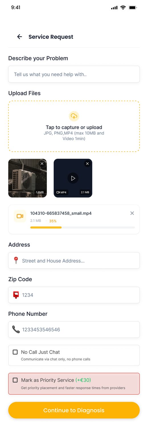 Auftragsformular der Von-A-bis-Z-App mit Foto- und Video-Upload